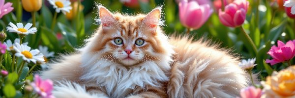 Puszysty, Kot, Rudo-biały, AI, Kwiaty