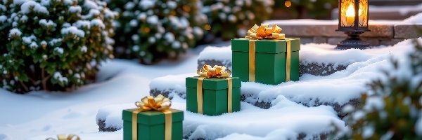 Prezenty, Schody, Krzewy, Lampion, Ośnieżone, Zima