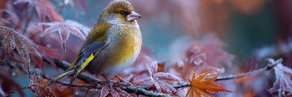 Gałązki, Oszronione, Liście, Grafika AI, Ptak, Żółty