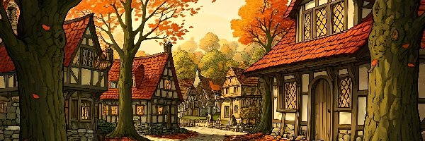 Domy, Drzewa, Ulica, Jesień