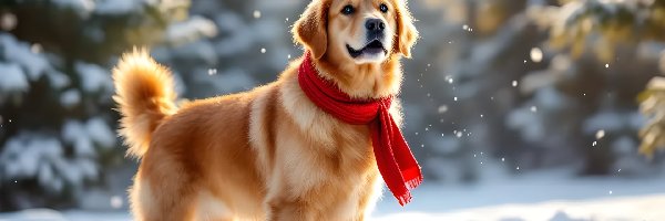 Grafika AI, Golden retriever, Czerwony, Pies, Zima, Śnieg, Szalik