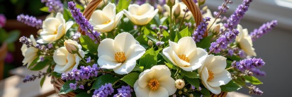 Kremowe, Koszyk, Fioletowe, Kwiaty