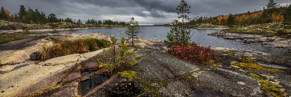 Skały, Jezioro, Jesień, Chmury, Ładoga, Drzewa, Ciemne, Rosja