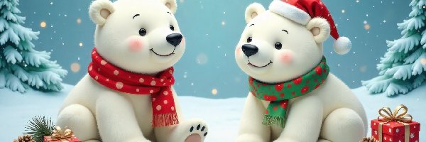 Czapka, Dwa, Świąteczne, Prezenty, Misie, Szalik, Śnieg, Zima