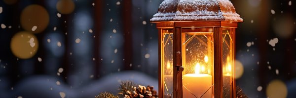 Gałązki, Lampion, Boże Narodzenie, Noc, Świeca, Szyszki, Bombki, Śnieg