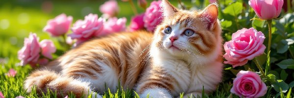 AI, Różowe, Kwiaty, Kot, Rudo-biały, Tulipany, Róże