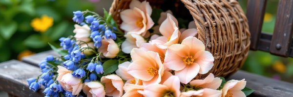 Koszyk, Niebieskie, Dzwonki, Ławka, Kwiaty, Kremowe