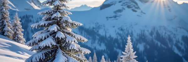 Zima, Drzewa, Góry, Promienie słońca, Śnieg
