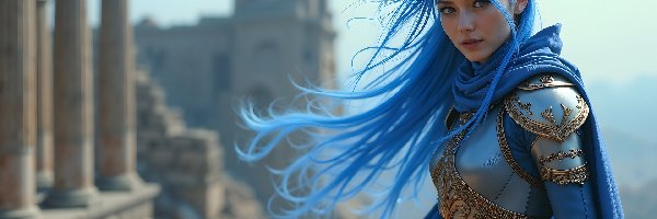 Zbroja, Włosy, Niebieskie, Kobieta