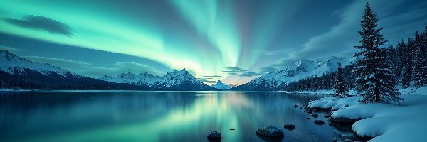 Śnieg, Jezioro, Góry, Zorza polarna