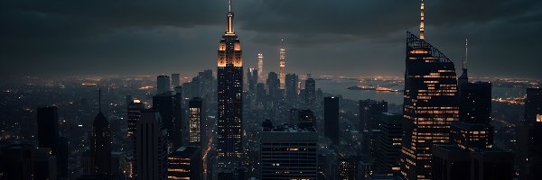 AI, Manhattan, Drapacze chmur, Nowy Jork, Stany Zjednoczone, Noc, Wieżowce