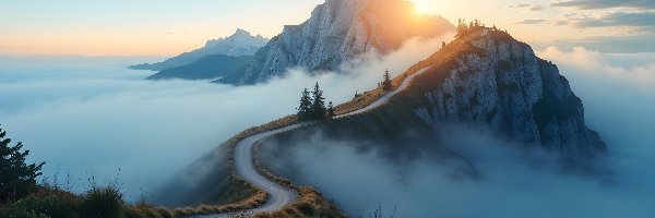 Mgła, Wschód Słońca, Droga, Góry