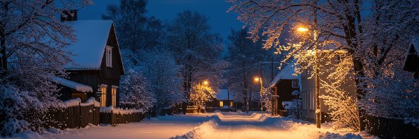 Grafika AI, Drzewa, Światła, Droga, Zima, Księżyc, Domy