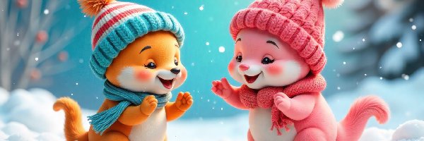 Śnieg, Dwa, Zwierzątka, Różowy, Pomarańczowy, Szaliki, Czapki
