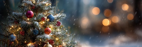 Boże Narodzenie, Bombki, Choinka, Grafika AI, Śnieg