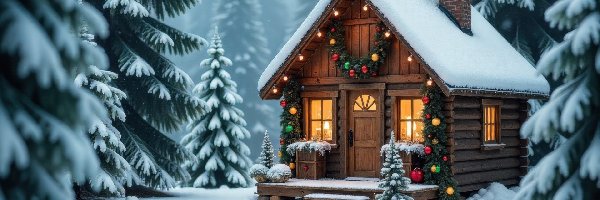 Grafika AI, Las, Ośnieżone, Zima, Boże Narodzenie, Dom, Drzewa