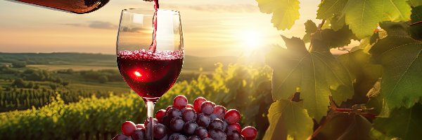 Grafika AI, Winogrona, Kieliszek, Czerwone, Wino, Słońce, Liście