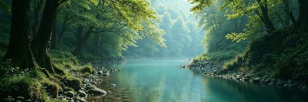 Kamienie, Zielone, Drzewa, AI, Las, Rzeka