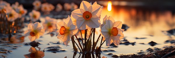 Odbicie, Kwiaty, Narcyzy, Al, Rzeka, Zachód słońca