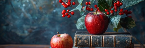 Książki, Gałązka, Jabłka, Grafika AI, Owoce