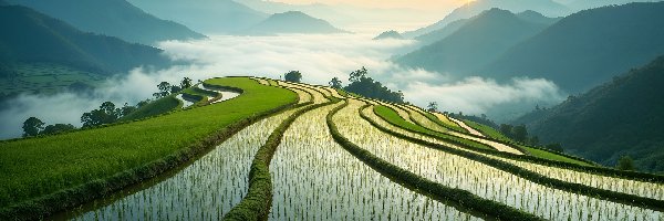 Pole, Góry, Tarasy ryżowe, Niebo, Mgła