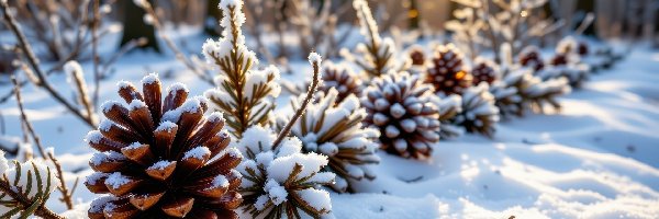 Rośliny, Promienie słońca, Gałązki, Las, Zima, Śnieg, Szyszki