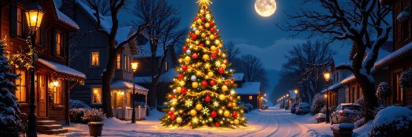 Boże Narodzenie, Domy, Choinka, Księżyc, Droga, Zima