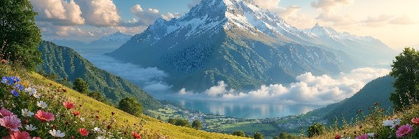 Jezioro, Kwiaty, Łąka, Góry