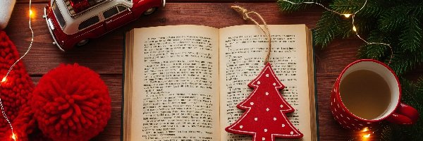 AI, Otwarta, Książka, Świąteczna, Kompozycja, Gałązki, Samochodzik