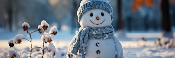 Las, Czapka, Szalik, Bałwan, Śnieg, Rośliny, Uśmiech