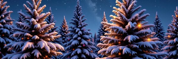 Światełka, Drzewa, Grafika AI, Gwiazdy, Choinki, Zima, Niebo, Las