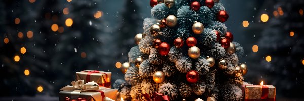 Choinka, Prezenty, Noc, Śnieg, Kokardy, Bombki, Światełka, Boże Narodzenie