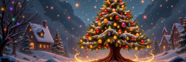 Ośnieżone, Noc, Fantasy, Choinka, Boże Narodzenie, Domy, Oświetlona, Zima
