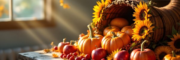 Grafika AI, Słoneczniki, Kosz, Jabłka, Dynie, Światło, Okno