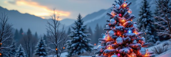 Góry, Ośnieżone, AI, Boże Narodzenie, Drzewa, Choinka, Śnieg, Zima