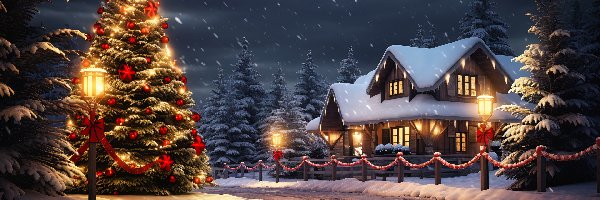 Choinka, Ulica, Śnieg, Ośnieżone, Świerki, Noc, Udekorowana, Drzewa, Dom, Boże Narodzenie, Latarnie, Zima