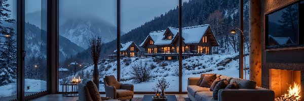 Okno, Kominek, Salon, Dom, Zima, Fotele, Sofa