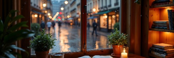 Pokój, Książka, Półki, Stół, Okno, Świeczka, Książki