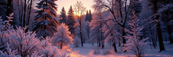 Drzewa, Las, Zaśnieżona, Zachód słońca, Zima, Ośnieżone, Droga