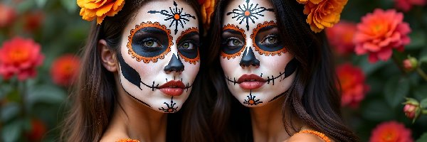 Twarz, Bodypainting, Kwiaty, Kobiety