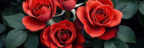 Kwiaty, Róże, Czerwone, Grafika AI, Liście