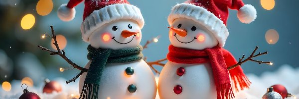 Bałwany, Śnieg, AI, Bombki, Dwa, Czapki, Szaliki, Zima