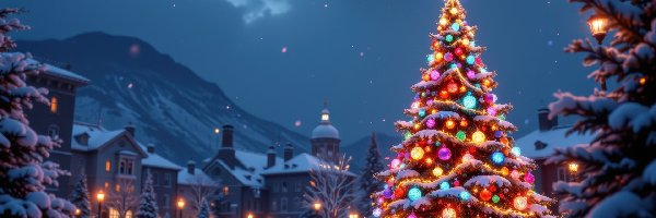Choinka, Śnieg, AI, Boże Narodzenie, Udekorowana, Domy, Góry, Zima