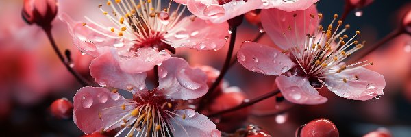 Krople, Różowe, Kwiaty, Rozwinięte, Drzewo owocowe, Gałązki, Pąki