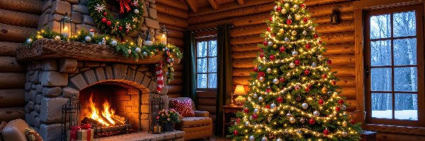 Wieniec, Kominek, Choinka, Udekorowana, Pokój, AI, Boże Narodzenie, Prezenty, Fotele