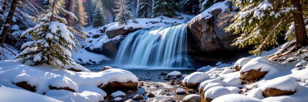 Promienie słońca, Skały, Śnieg, Wodospad, Zima, Drzewa, Ośnieżone