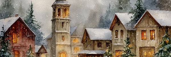Domy, Choinki, Kościół, Grafika AI, Zima