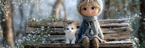 Kot, Grafika AI, Ławka, Dziewczynka