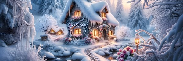 Oszronione, Drzewa, Ośnieżony, Zima, Grafika AI, Ślady, Rzeka, Dom, Ścieżka