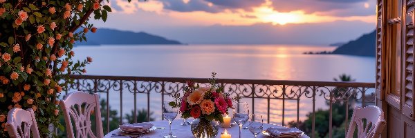 Bukiet kwiatów, Morze, Stół, Krzesła, Balkon, Dom
